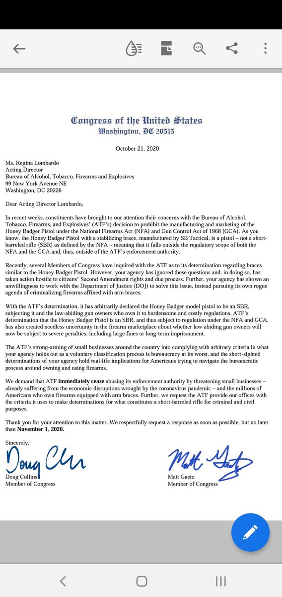 We thank Rep. Matt Gaetz @RepMattGaetz and Rep. Doug Collins <a href="/RepDougCollins/">Doug Collins</a> for working with our Legal &amp; Government Affairs on addressing the classification on pistol brace issue.  We urge FRAC supporters to take action at fracaction.org #freethebadger