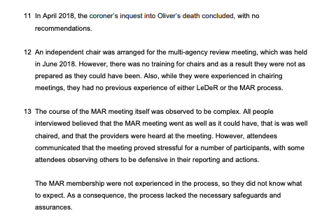 Much of the review of Oliver's Leder process pivots around a multi-agency review meeting held in June 2018 with an independent chair (with no knowledge of Leder or MAR process) and attended by various relevant organisations, who played a role in Oliver's life and death 2/12