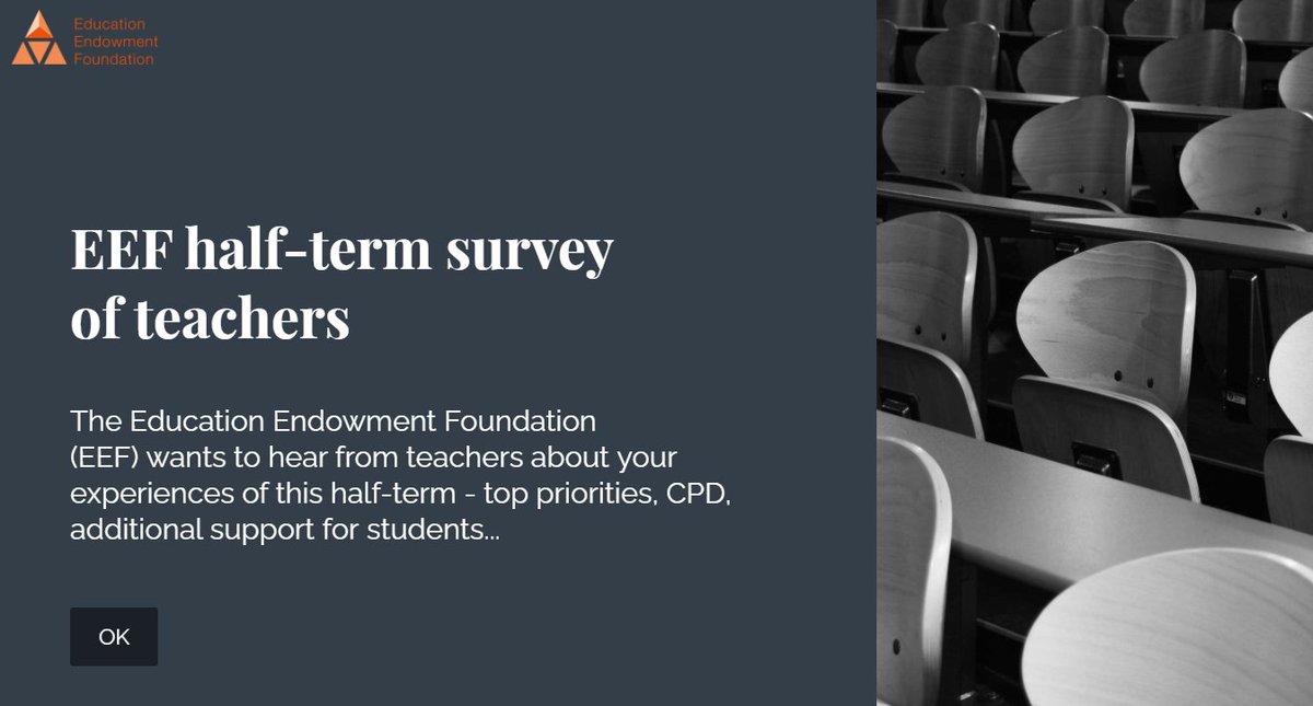 HALF-TERM SURVEY OF TEACHERSCan you spare 5 mins? We want to hear from teachers about your experiences of this half-term - top priorities, CPD, additional support for students...Here's the link:  https://www.surveymonkey.co.uk/r/EEFhalfterm2020