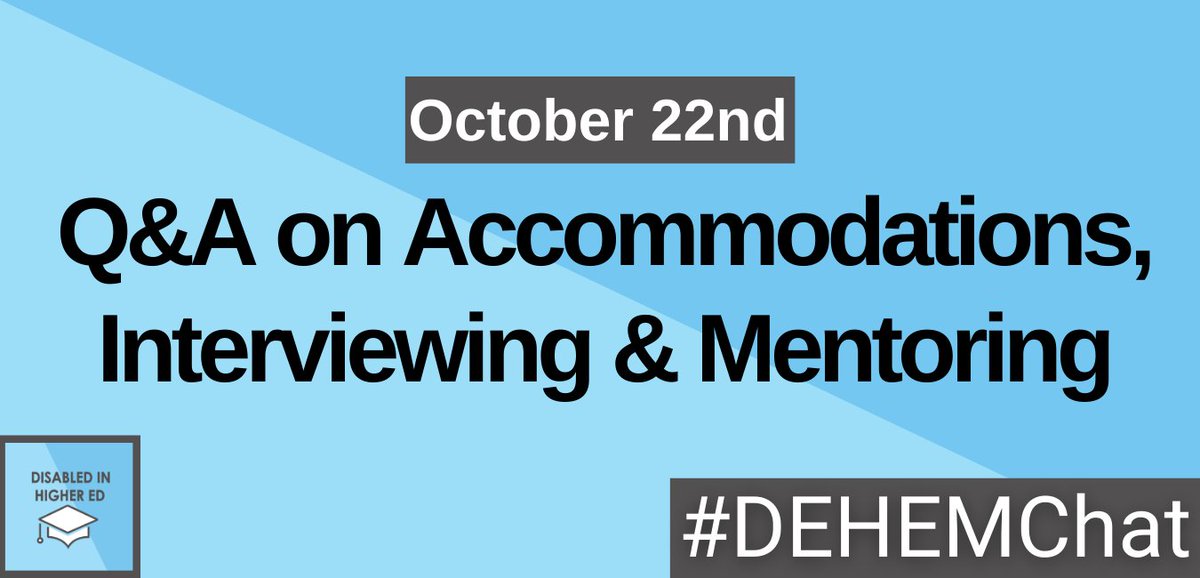 Hello everyone and welcome to another #DEHEMChat!

Today's topics are Accommodations, Interviewing &amp; Mentoring &amp; are linked to the panel video that dropped today w/ <a href="/IllimitableOrg/">Illimitable</a>!

As always, you can answer all questions or just a few &amp; feel free to take part at your own pace!
