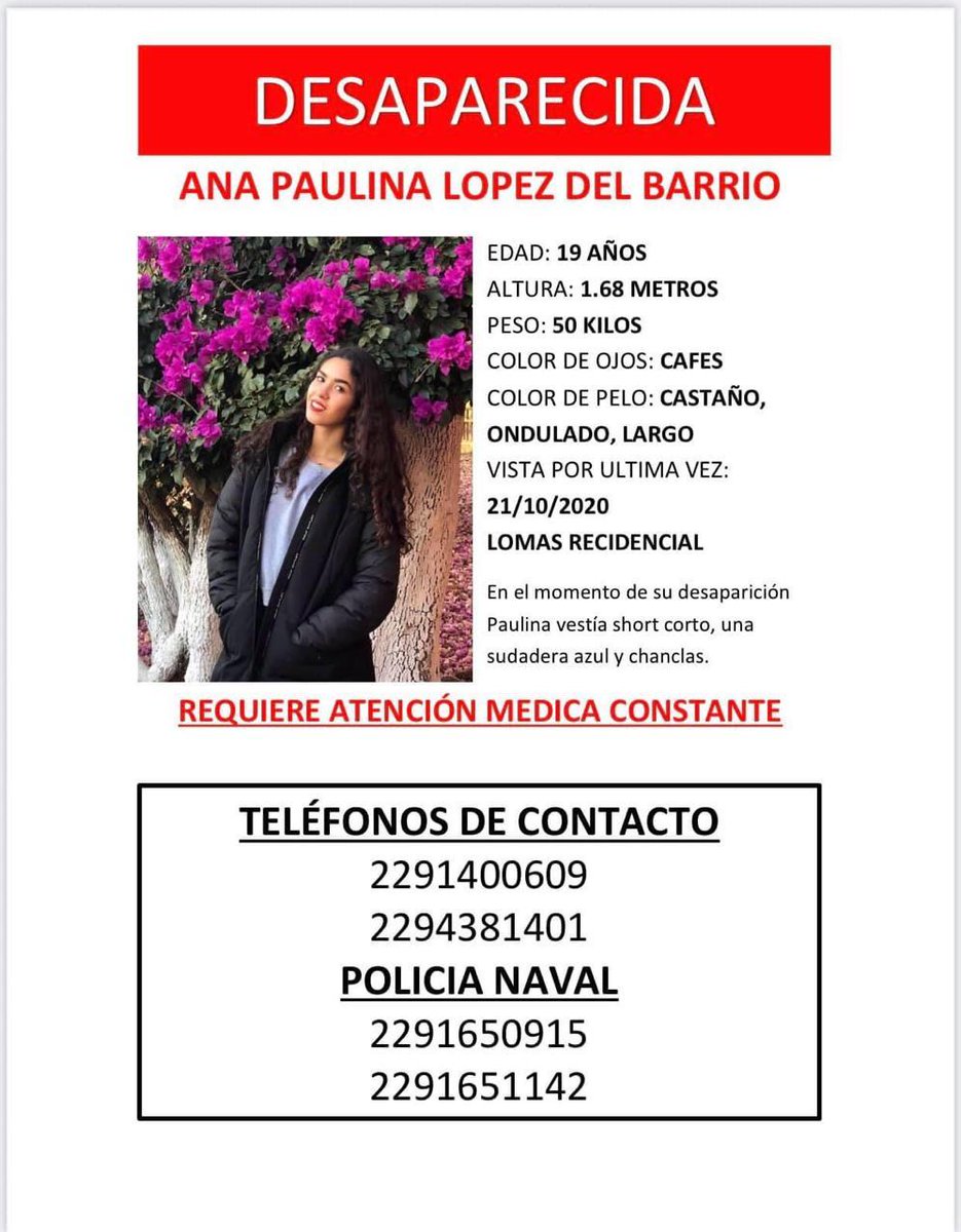 Me ayudan con un RT. Ana Paulina está #desaparecida en Puerto de Veracruz. 
<a href="/warkentin/">Gabriela Warkentin</a> <a href="/jrisco/">Risco</a> <a href="/renedelvalleb/">René del Valle B. La Aldea (de la Información)</a> <a href="/azucenau/">Azucena Uresti</a>