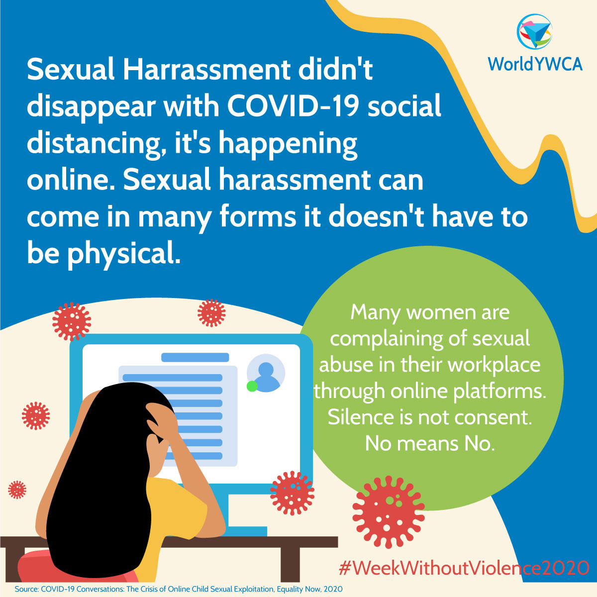 YWCAPalestine's tweet photo. Women are facing increased stalking, bullying and sex trolling. Unsolicited pornographic videos while dialling into a social event via a virtual chat room is on the rise. Join us as we advocate for cyber safety of women. #WWV20 #YoungWomenRise #WeekWithoutViolence2020 https://t.co/mlpDE8USdi