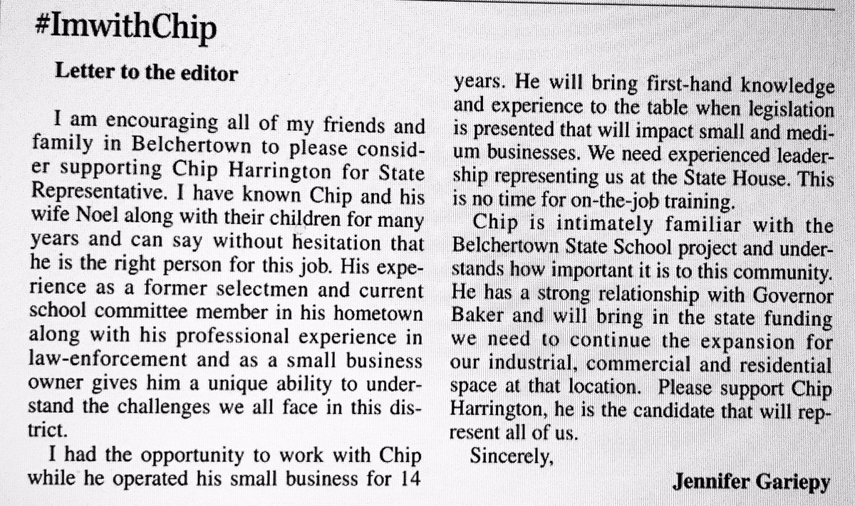 ChipH207's tweet photo. Thank you so much for the very kind words in this weeks Belchertown Sentinal Jennifer!  I look forward to representing this district at the State House.  🇺🇸 
#imwithchip https://t.co/TEDAhYjTvN