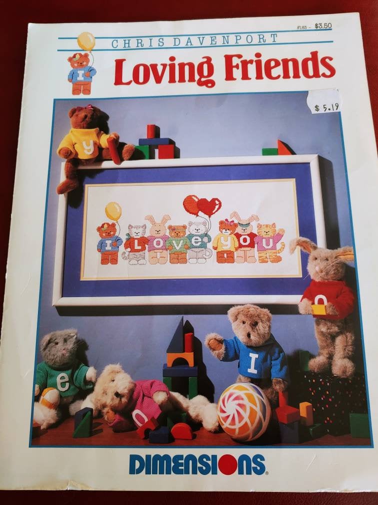 VINTAGE DIMENSIONS 'Loving Friends' BY Chris Davenport. Counted Cross Stitch Leaflet etsy.me/2IOoFHQ #crossstitch #teddybear #chrisdavenport #kidscrossstitch  #bettysattictreasures