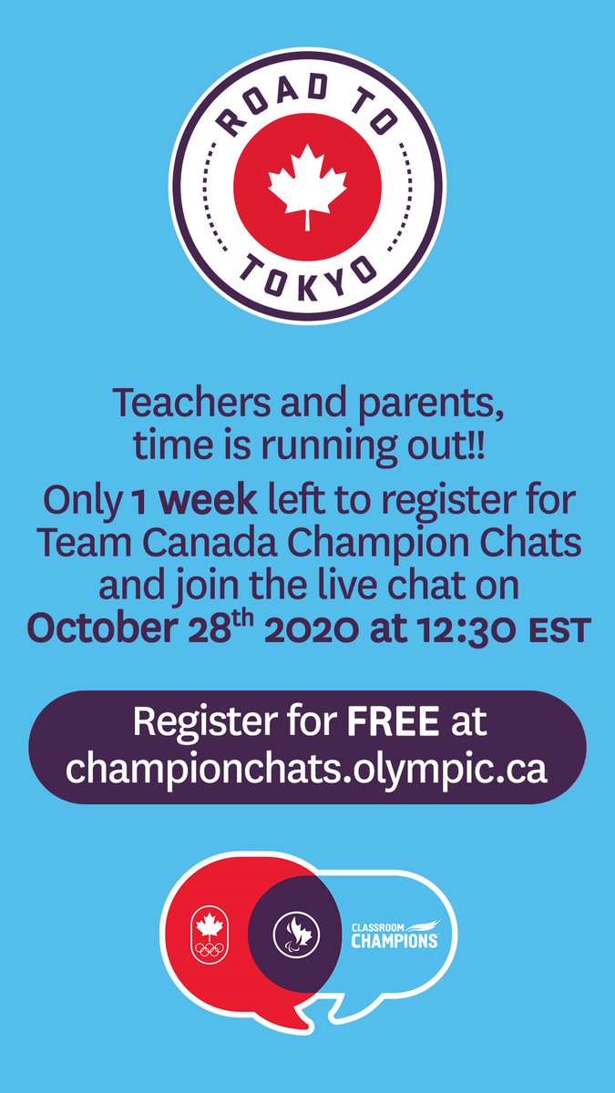 1 week to go until…. Team Canada Champion Chats - FALL LIVE CHAT!

Join <a href="/classroomchamps/">Classroom Champions</a> <a href="/teamcanada/">Team Canada</a> <a href="/cdnparalympics/">Canadian Paralympic Team</a> <a href="/tessavirtue/">Tessa Virtue</a> and me on October 28th at 12:30pm ET to hear our lessons and ask your questions. @amandarummeryy <a href="/cmoscato4/">Carmelina Moscato</a> <a href="/JessicaTuomela/">Jessica Tuomela</a>