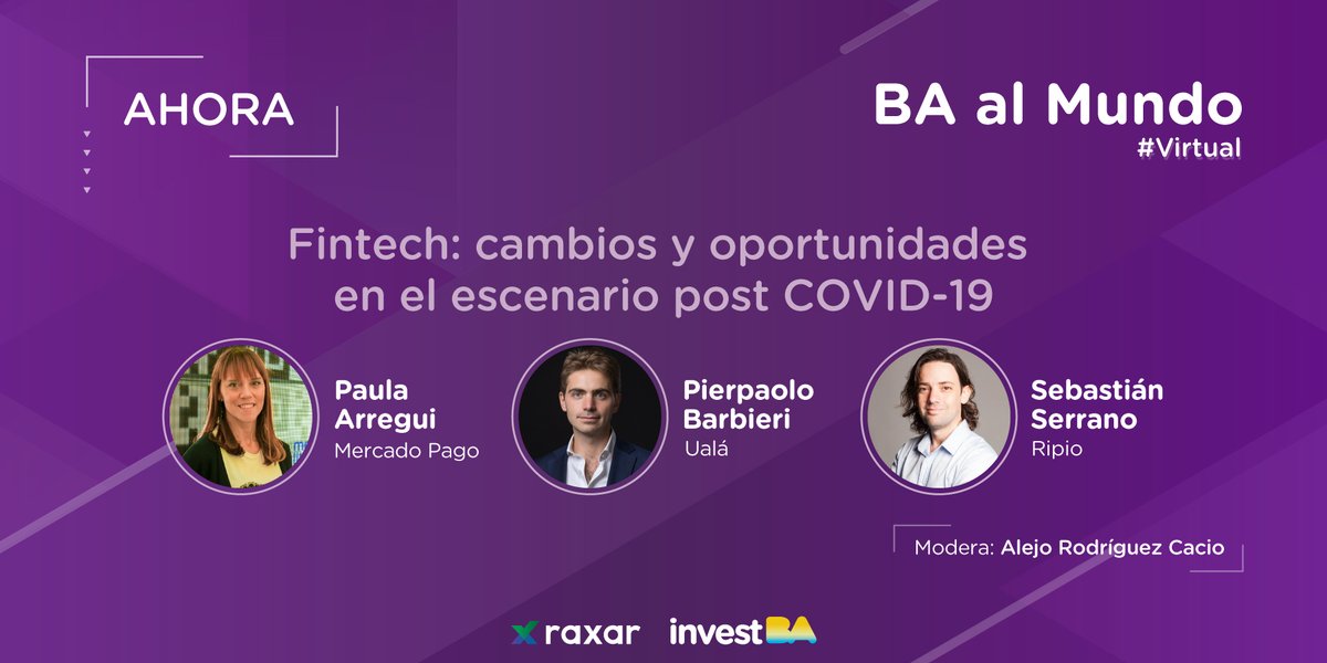 invest_BA's tweet photo. Ahora en #BAalMundo virtual --> Panel #fintech: cambios y oportunidades post COVID-19 📱No te pierdas esta charla con los referentes de @uala_arg, @mercadopago y @ripioapp sobre la actualidad del sector. Modera: @alejobaltasar. ¡Mirala en vivo! 👉 https://t.co/nH5GScvg82 https://t.co/JlLbCbUChD