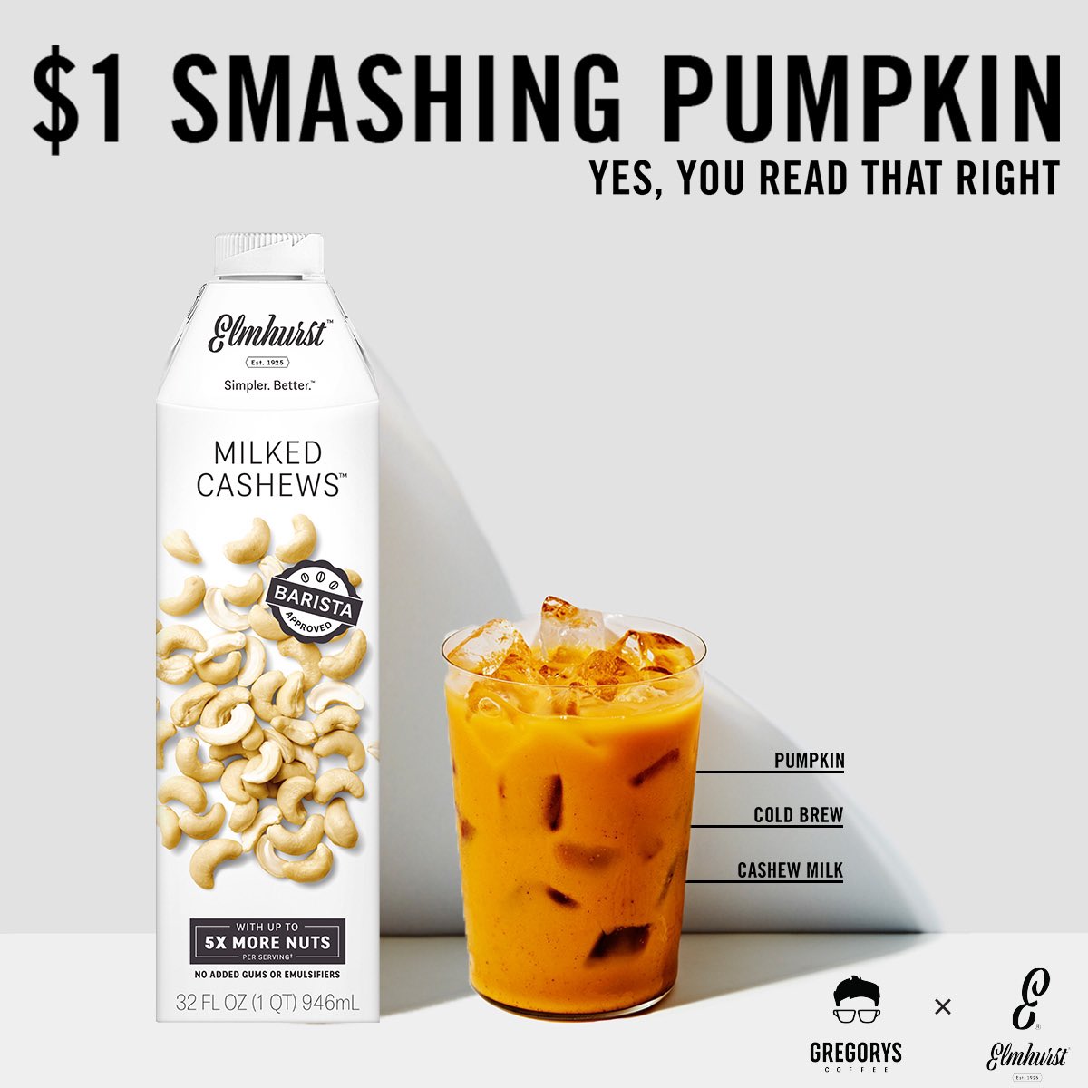 Enjoy any size Smashing Pumpkin tomorrow for just $1! We have launched @Elmhurst1925 Cashew Milk at all Gregorys locations and have teamed up to get you a little TGIF, Gregular style. Oh and a special playlist is hitting tomorrow as well. See you tomorrow! https://t.co/qYEmbA8GB3