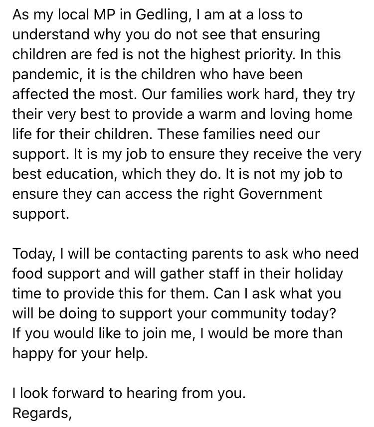 Today a primary school headteacher in my constituency shared the letter she’d sent to her MP about Free School Meals. It’s really powerful so I’m sharing an anonymised version with her permission. Heartbreaking and inspiring. Keep going <a href="/MarcusRashford/">Marcus Rashford</a>, this matters.