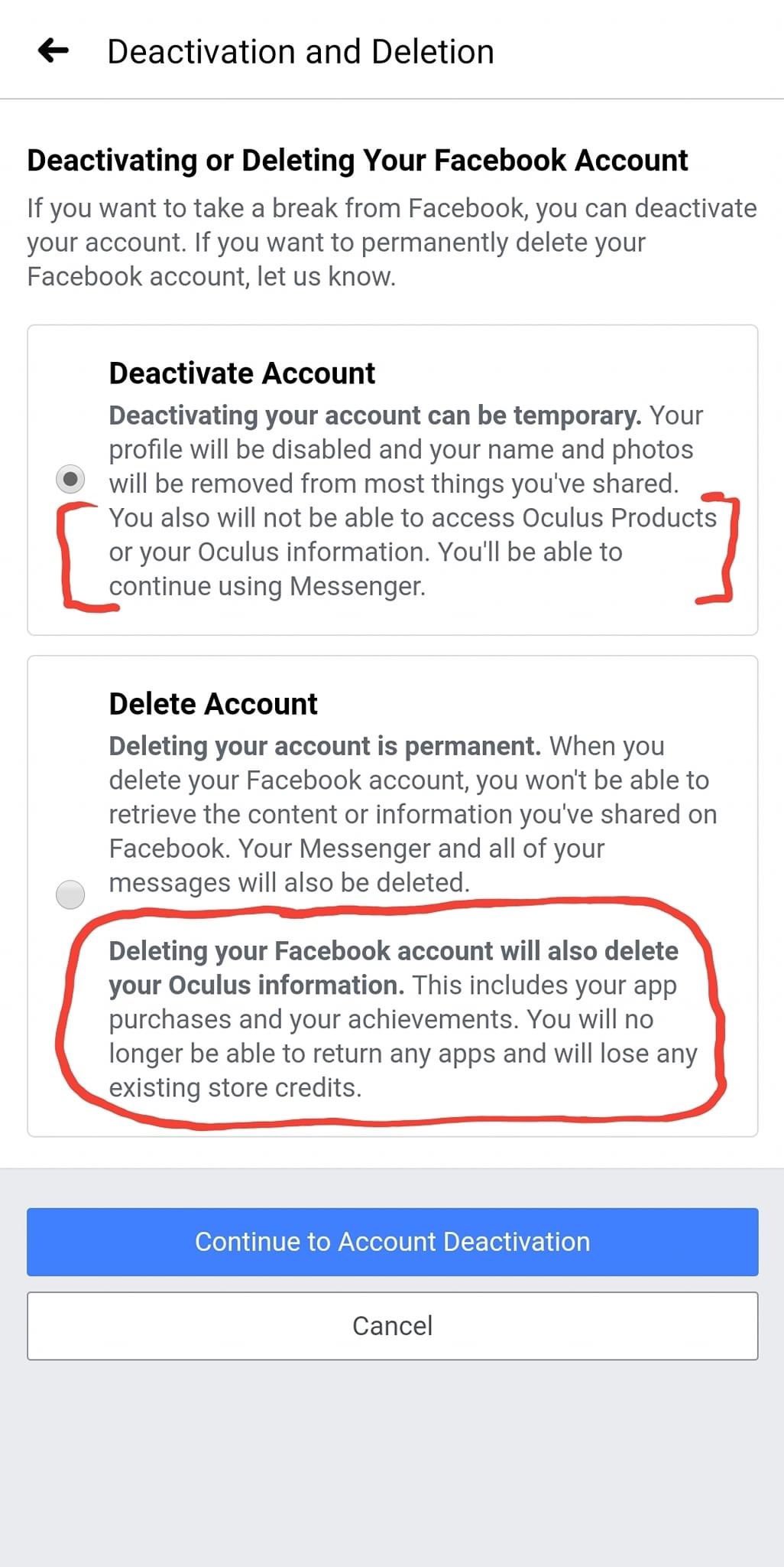 Senatet forarbejdning legation CIX on Twitter: "Important VR PSA: 👉 Deactivating your Facebook profile  disables your Oculus Profile. 👉 Deleting your Facebook account takes away  all your games, purchases, and progress. Source: Eli Schwartz  https://t.co/dSJIcIf0ki" /