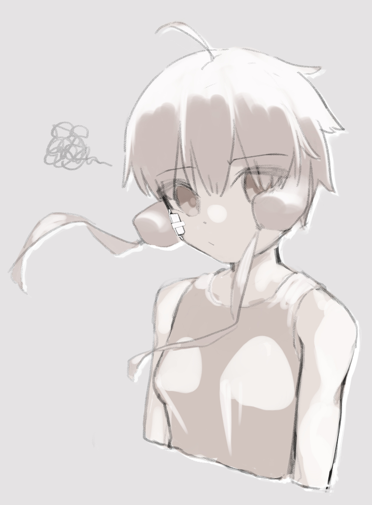 yuzuki yukari 1girl solo short hair with long locks upper body squiggle ahoge grey background  illustration images