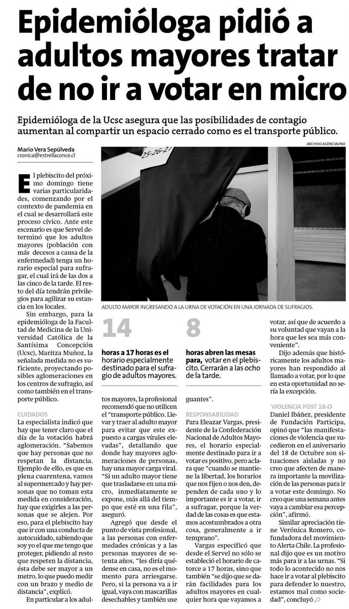 #NoticiasUCSC |  Epidemióloga y académica de la Facultad de Medicina de la UCSC, Maritza Muñoz habló sobre recomendaciones para sufragar este domingo de manera segura. Artículo que fue destacado en <a href="/estrellaconce/">Estrella Concepcion</a>.

ucsc.cl/noticias/plebi…