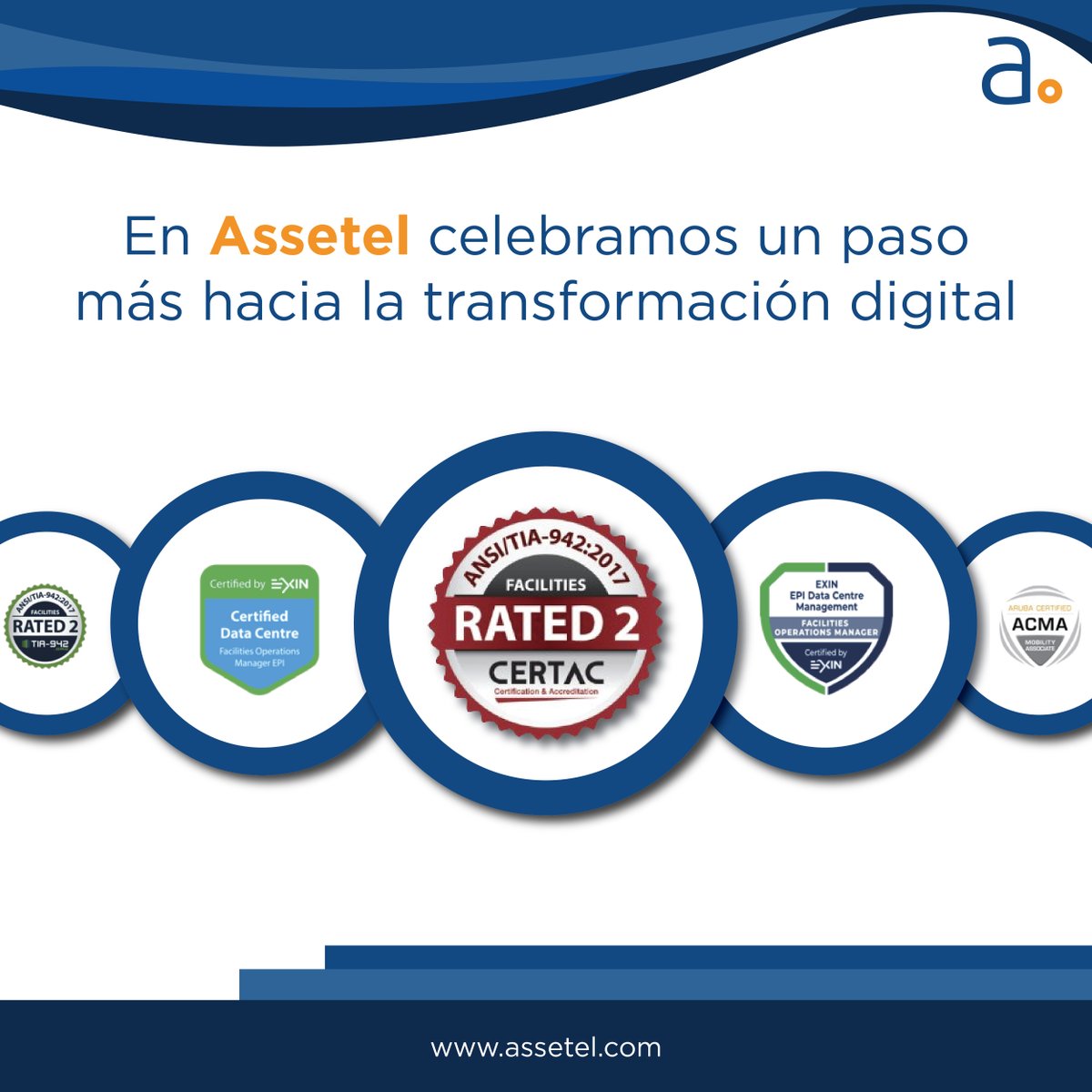 assetel's tweet photo. En #Assetel celebramos que obtuvimos la certificación de Instalaciones Calificadas 2 ANSI / TIA-942 en México. Tenemos un compromiso con la #TransformacionDigital y trabajamos día con día para brindarle el mejor servicio en la #Nube a las empresas Mexicanas. #CloudSide https://t.co/SEABWHwtV3
