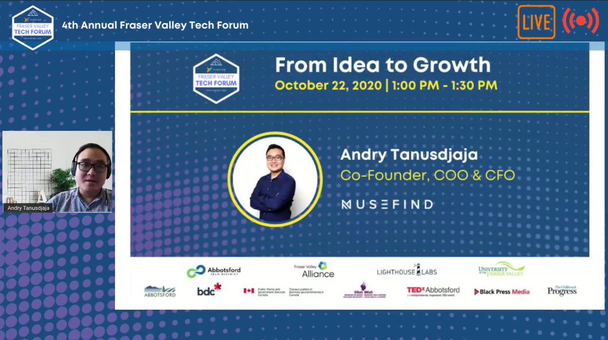 XLRatorFV's tweet image. We are live with our first guest speaker of the afternoon with the Co-Founder, COO &amp;amp; CFO of Musefind, Andry Tanusdjaja.

Want to join us and watch? Join here fvtechforum.ca/join-now

#FVTechForum