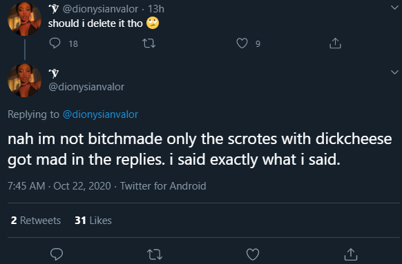 Well I gave her profile a quick look and here she is using the term "scrote"This is a common derogatory term for men in the subreddit Female Dating Strategy