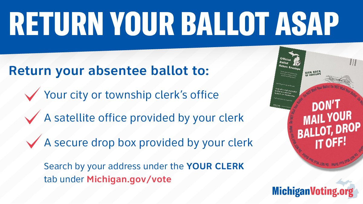 You can’t hold on to your ballot forever! Drop it off. Return your ballot to your clerk’s office, a satellite office, or a secure drop box provided by your clerk. https://t.co/43XRIU1d2A
#YourVoteMatters
#BeHeard
#MIVoting https://t.co/loivsvkuWc