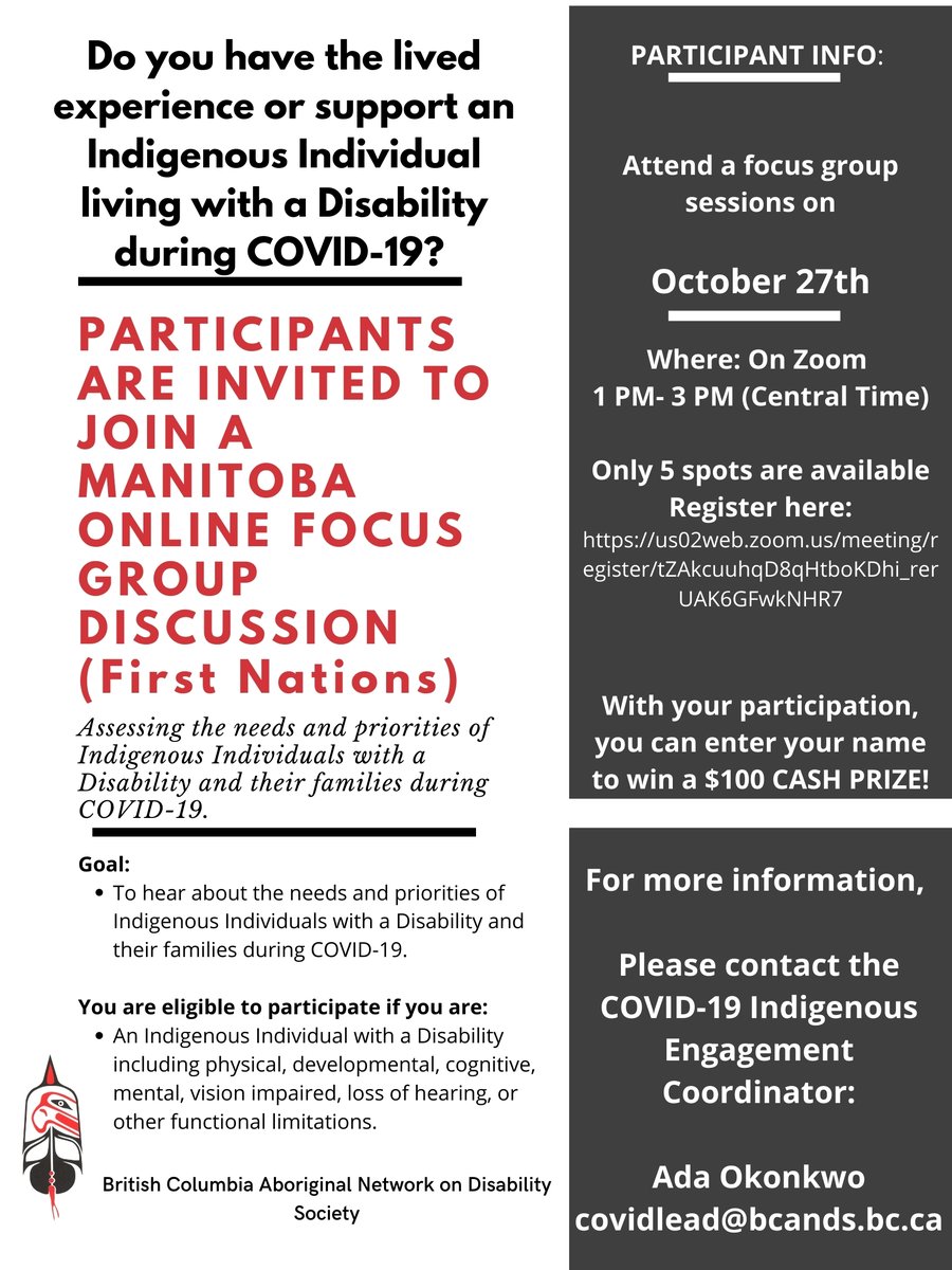IndigenousCOVID's tweet photo. Inviting interested participants from Manitoba to participate in a Focus group session. We want to hear directly from communities.
Tuesday, October 27th at 1 pm - 3 pm (Central Time).
Register here: https://t.co/dEsfPlfKzQ #FirstNations #COVID19Manitoba #IndigenousDisability https://t.co/ZcdE0X7NUf