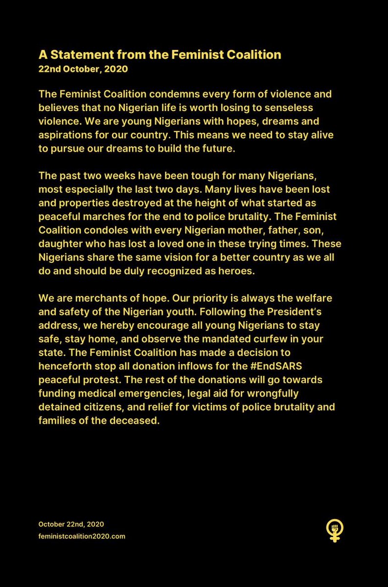 A statement from The Feminist Coalition. October 22nd, 2020. https://t.co/MG6deijfdG