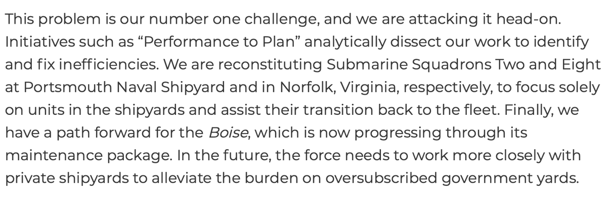 A blunt acknowledgment of the problems the force has had with delayed shipyard work, along with some of the corrective actions to whittle away at the issue.I do hope we see much-needed improvement on this score.