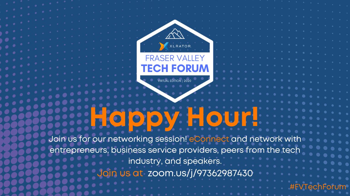 XLRatorFV's tweet image. We are live for our &apos;Happy Hour&apos;! Join us for our networking session! eConnect and network with entrepreneurs, business service providers, peers from the tech industry, and speakers.

Join us at  zoom.us/j/97362987430

#FVTechForum