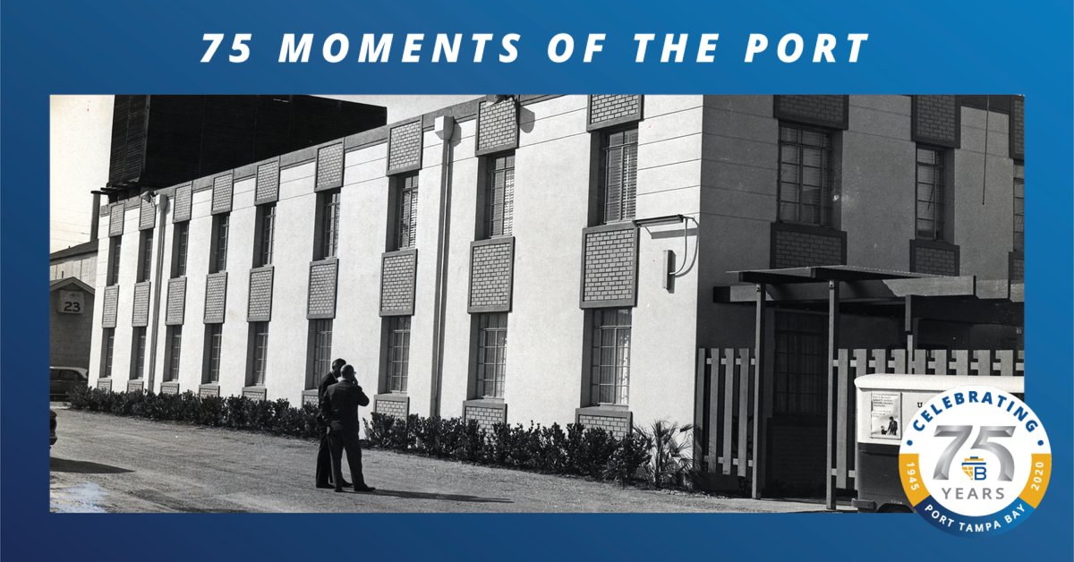 PortTampaBay's tweet photo. Port Tampa Bay celebrates 75 moments in our history, including this one:
1964 – The Port acquires 52 acres of the former Tampa Shipbuilding Company shipyard from the federal government and moves its offices into one of the buildings there.  #ThrowbackThursday #75YearsofPortTB https://t.co/ygYwL0EzTQ