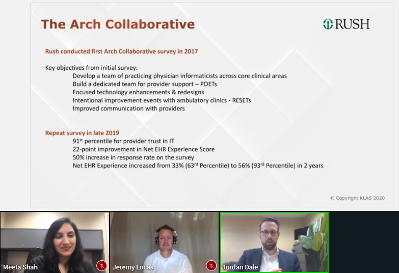 KLASresearch's tweet photo. LIVE: @JDaleMD, Associate CMIO @RushMedical shares how they built a “POET” team--Provider Optimization Experience Team--to help improve their #EHR experience. #archcollaborative #archvirtualsummit https://t.co/OjuoQWcyg3