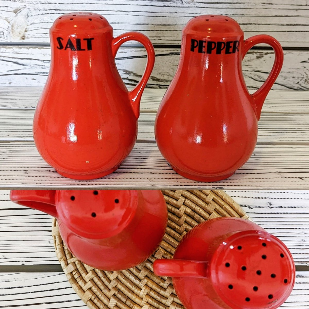 Vibrant red set of Hall ceramic salt and pepper shakers with handles and labeled. Bold black lettering. 5'. Link in bio. [$20] #vintage #vintagehome #vintagekitchen #hallpottery #vintageceramics #saltandpepper #saltandpeppershakers #retro #retrokitchen