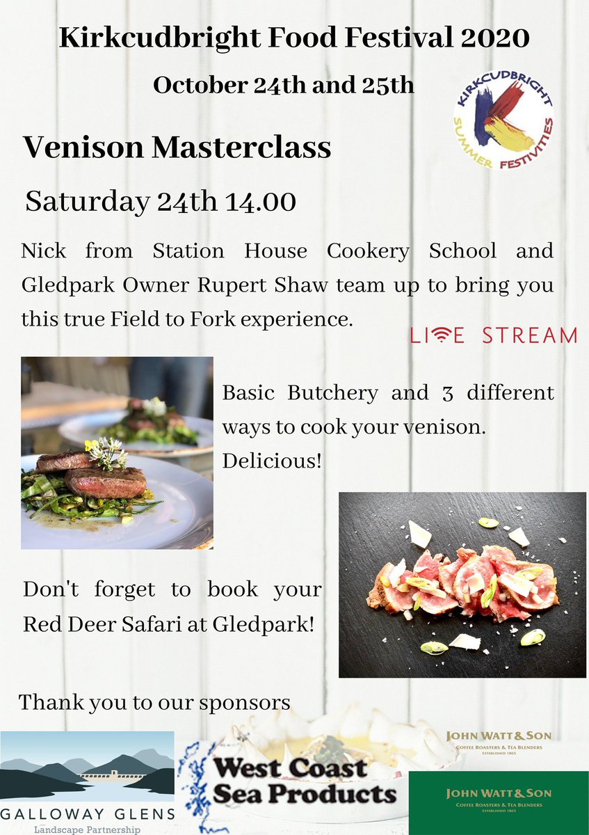 Venison 3 ways with Nick from Station House Cookery School and Rupert from Gledpark.  A Cookery and Butchery Demonstration not to be missed.
LIVESTREAM if you can't make it in person.  

And don't forget the amazing Red Deer Safari at Gledpark.
Book now!
stationhousecookeryschool.co.uk/kirkcudbright-…