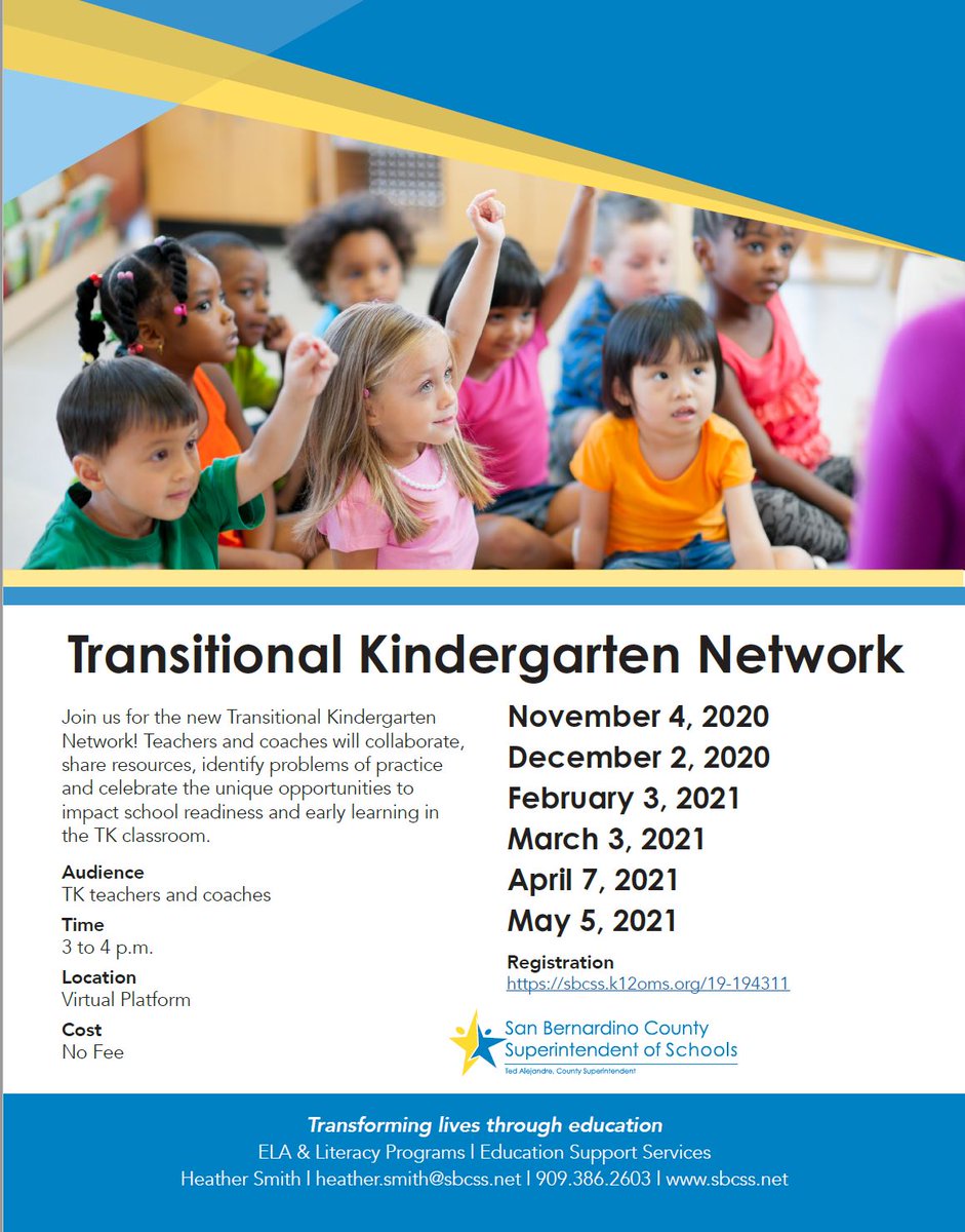 Join a team of amazing leaders for a NEW TK Network to collaborate, identify problems of practice and share best practices for early learning in TK classrooms. Register at:
sbcss.k12oms.org/19-194311
