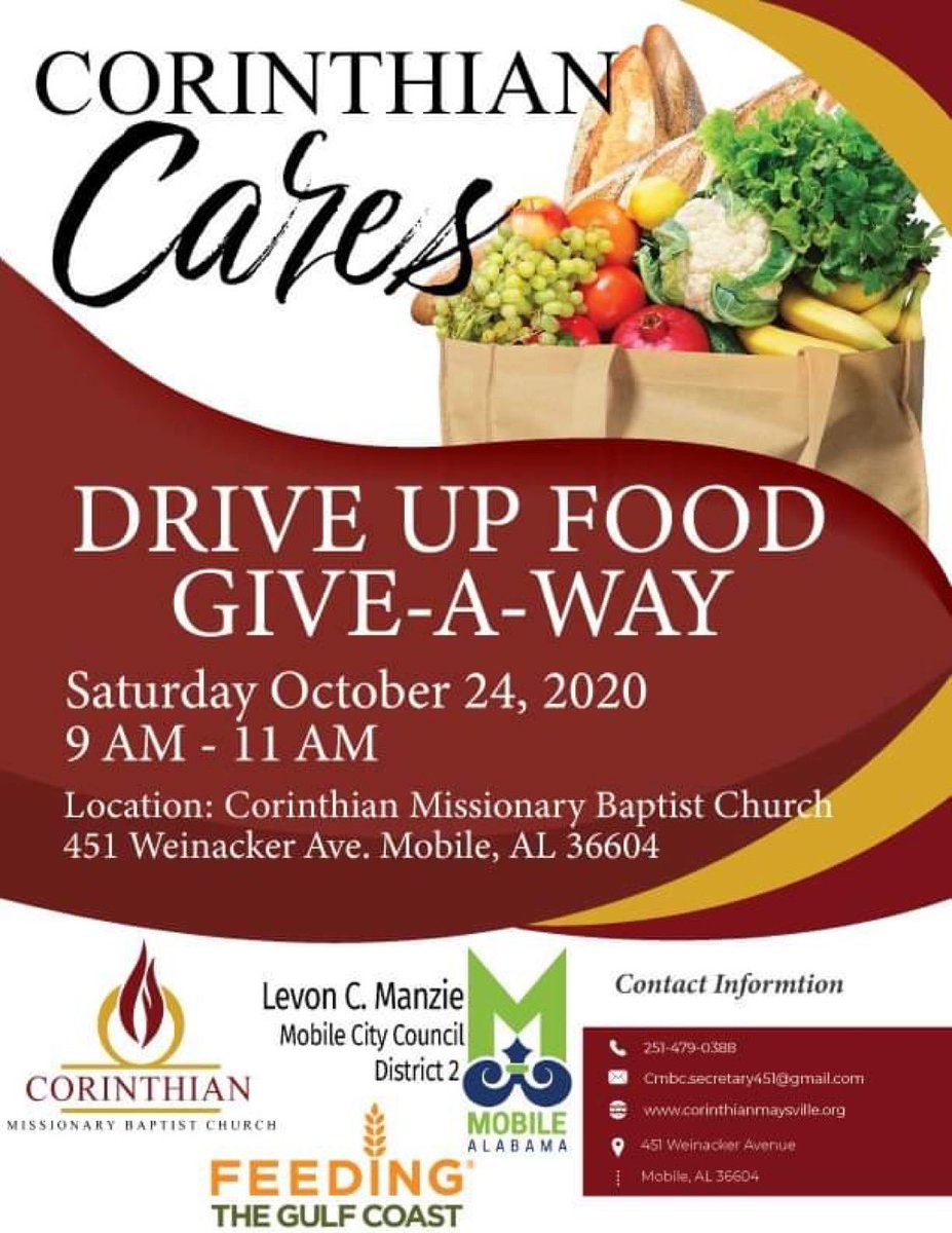 ** Attention District 2 citizens in Maysville and Down The Bay - proud to be sponsoring this “Drive Up Food Giveaway” with Corinthian MBC and Feeding The Gulf Coast! This Saturday from 9:00 am until 11:00 am.   #CorinthianCares #ManzieCares!
