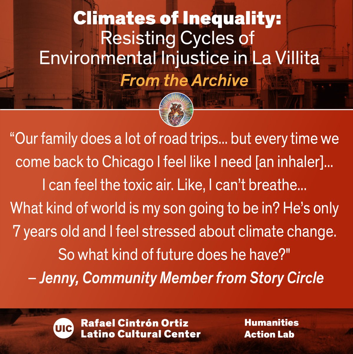 UICLCC's tweet photo. Image Credit: S. Lynn, UIC

We invite you to explore the Resisting Cycles of Environmental Injustice in La Villita story at: https://t.co/XYzOY0gMQ2

#ClimatesOfInequality
#EnvironmentalRacism
#HumanitiesActionLab https://t.co/yh3Rz7f7ql