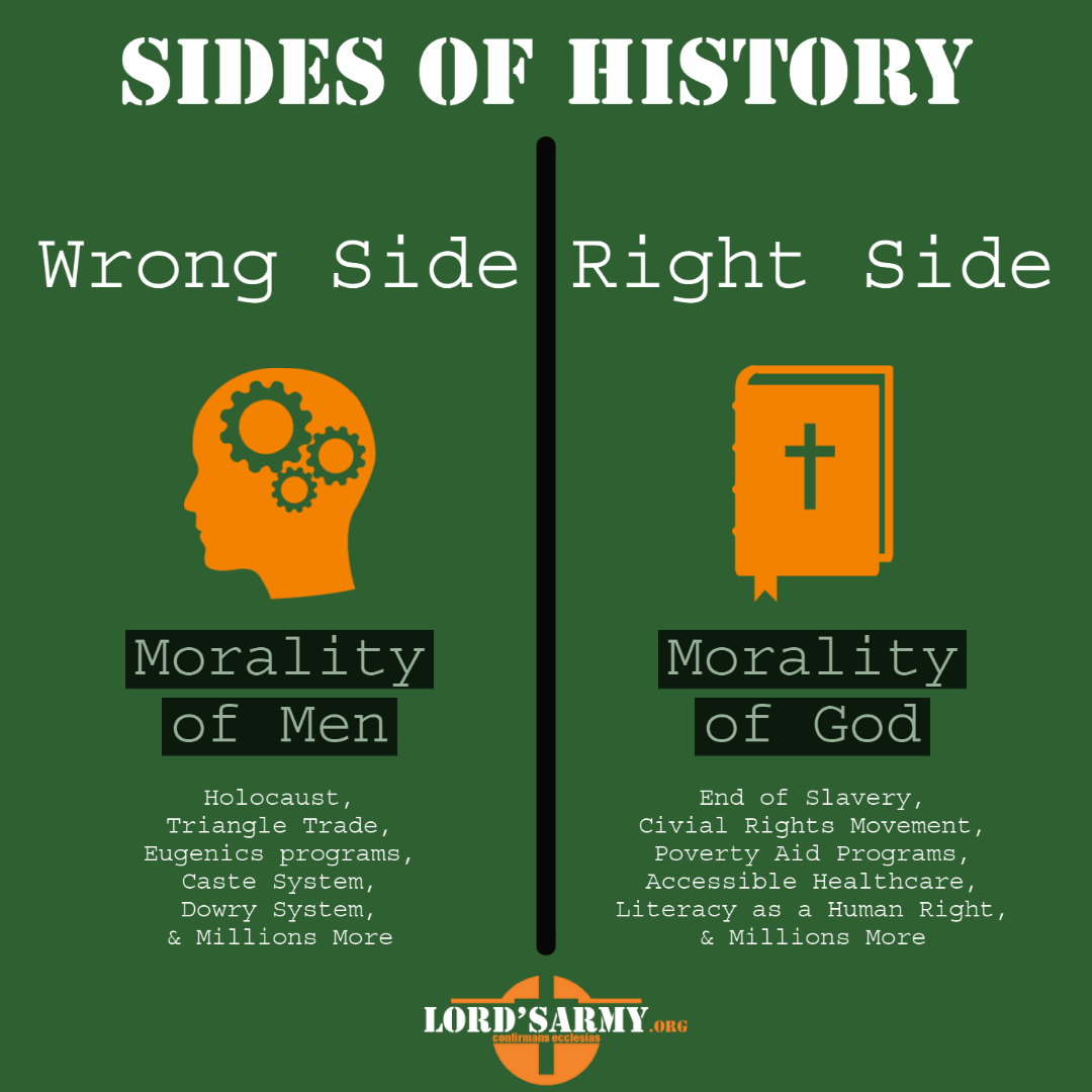 LordsArmy_org's tweet image. It is laughable when secularists accuse Christians of being on the "wrong side of history."

When one compares track records, the morality of God (as revelaed in Scripture) has proven objectively superior to the ever-moving "morality" of mankind.