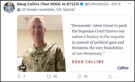 But look at Doug Collins. He has put out ad after ad in direct violation of the law. This undermines the sacred trust of the American people that their military is apolitical. The swear an oath to the Constitution not to a party or President. It is the cornerstone our Republic.