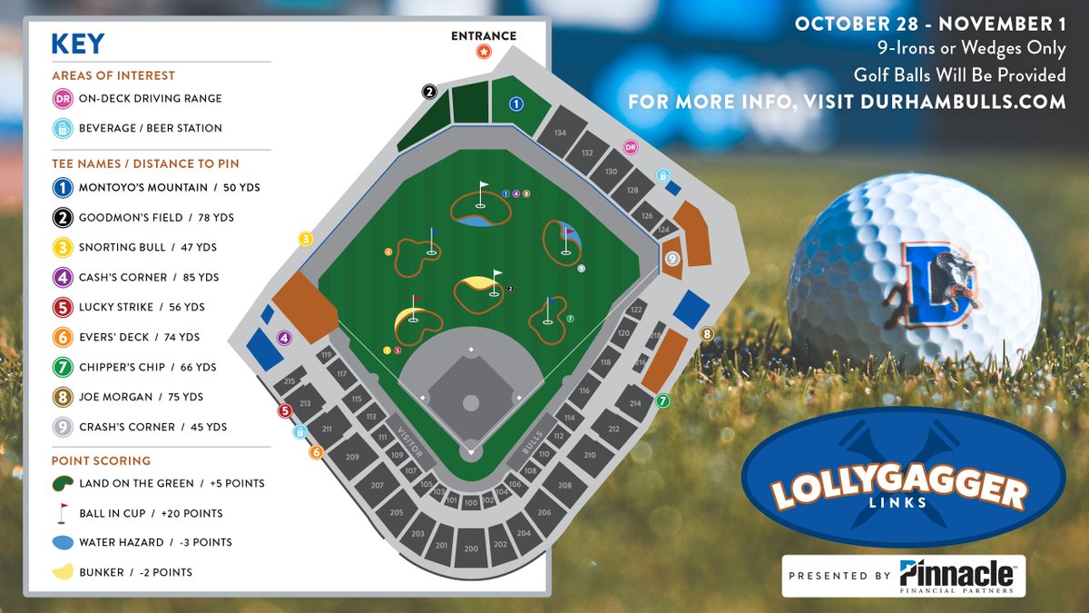 DurhamBulls's tweet photo. Behold, the Lollygagger Links course presented by Pinnacle Financial Partners.

Study it intently, then come play golf at the DBAP between October 28-November 1.

Tee times have been going fast, so book yours here: https://t.co/6wWYzIS0lG https://t.co/71ADHpCqJa