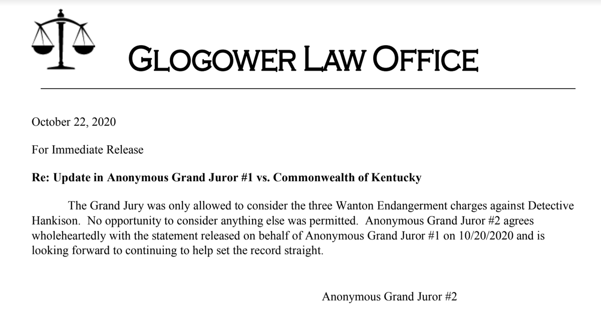 New: The second anonymous Breonna Taylor grand juror has just released a statement agreeing with the other juror 'The Grand Jury was only allowed to consider the three Wanton Endangerment charges against Detective Hankison. No opportunity to consider anything else was permitted'