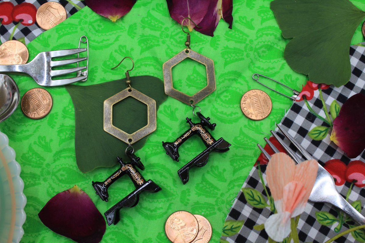 Dollhouse sewing machine ear weights, fried egg earrings, a silver dainty teacup choker, and a silver knife choker! http://www.stonerzines.com/the-borrowers-collection  #handmade  #SmallBusiness  #cottagecore  #theborrowers  #ghibli