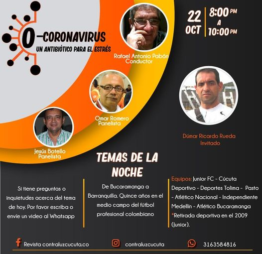 #CeroCoronavirus Esta noche, invitado Dúmar Rueda, exfutbolista del Cúcuta Deportivo. 8:00 de la noche @contraluzcucuta https://t.co/kx9cCAvz5F