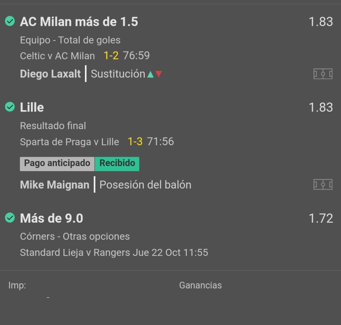Se cobran las 3 jugadas enviadas para #EuroLeague
📍Celtic vs Milan
📌Milan mas de 1 gol (1.83) 2%✅💰
📍Sparta vs Lille
📌Lille ML (1.83) 1.5%✅💰
📍Standard L vs Rangers
📌Mas de 9 corners (1.72) 1.5 %✅💰 https://t.co/bsmPbOedSQ