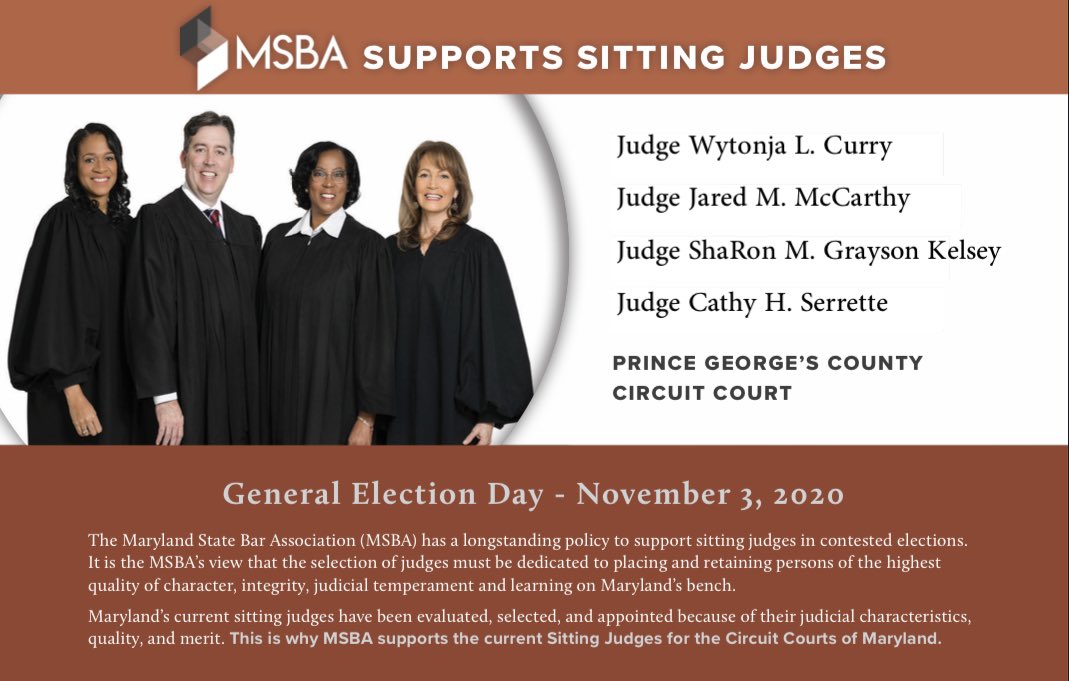 THE MD STATE BAR ASSOC. ENDORSES &amp; SUPPORTS THE SITTING JUDGES.  Won’t you do the same?  Be a volunteer poll worker between 10/26 &amp; 11/3. Polls open Mon! Sign up now @ linktr.ee/pgcsittingjudg… for Sat mtg.  Pls &amp; thkU #Support #Vote2020 #Volunteer #Election2020  #Judges #pgcjudges