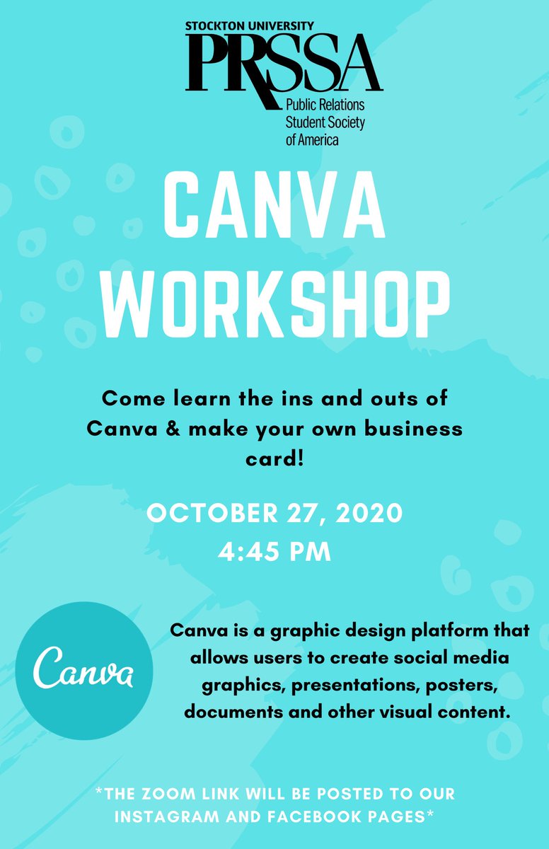 StocktonPRSSA's tweet photo. Join us this upcoming Tuesday, October 27th @ 4:45pm for our Canva Workshop!
-

Join from PC, Mac, Linux, iOS or Android: https://t.co/cPKQSnnMdS
  Password: prssa

Or iPhone one-tap :
 US: +13017158592,,99476669850#  or +13126266799,,99476669850# https://t.co/452K1o7M9d