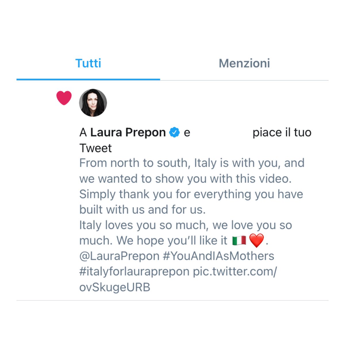 obsprepon's tweet photo. We are all still incredulous that you saw our video.Thank you for all the love you show us,always.With #YouAndIAsMothers,you’ve managed to heal parts of us that haven’t seen light in a long time.Simply thank you Laura. We love you so much🇮🇹 ❤️. @LauraPrepon 
#italyforlauraprepon https://t.co/SwsTJ1uOQh