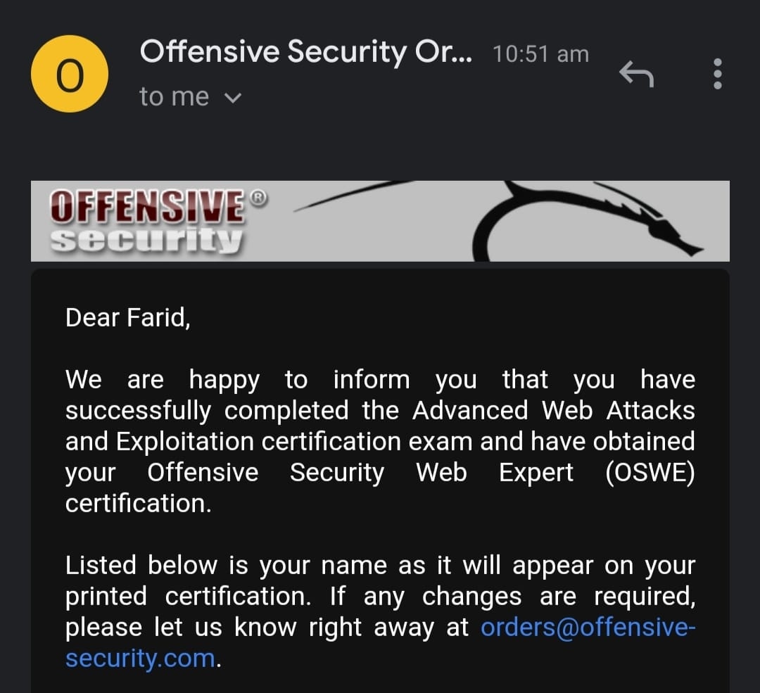 faridpy's tweet image. Thank you @offsectraining for awesome course.
#OSWE