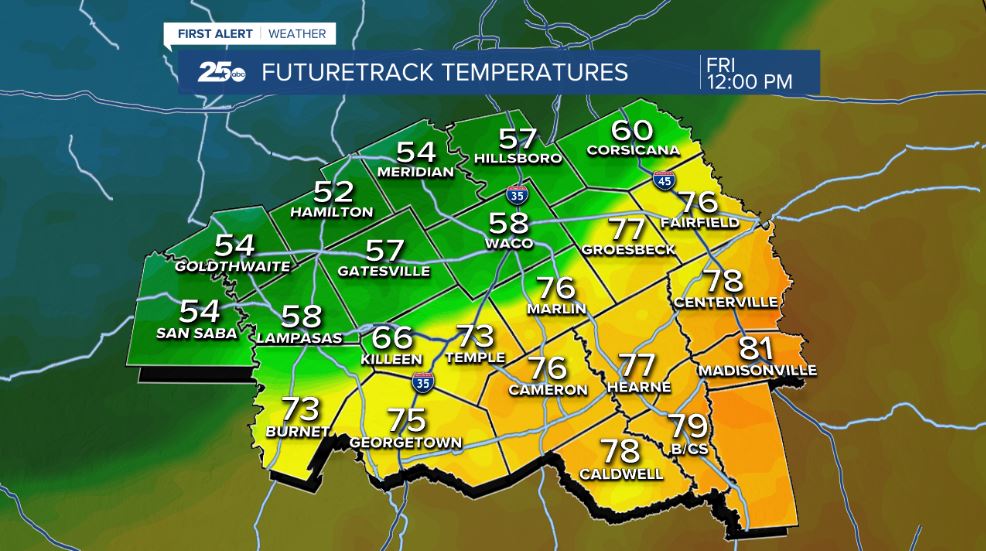 MattHinesTX's tweet photo. A strong cold front will roll into Central Texas Friday.  Temperatures in the 70s ahead of the front will drop into the 40s and 50s behind the front with north winds up to 30mph.  Have the jackets ready! #ctxwx #welcomebackfall https://t.co/uwqFSTmY4y