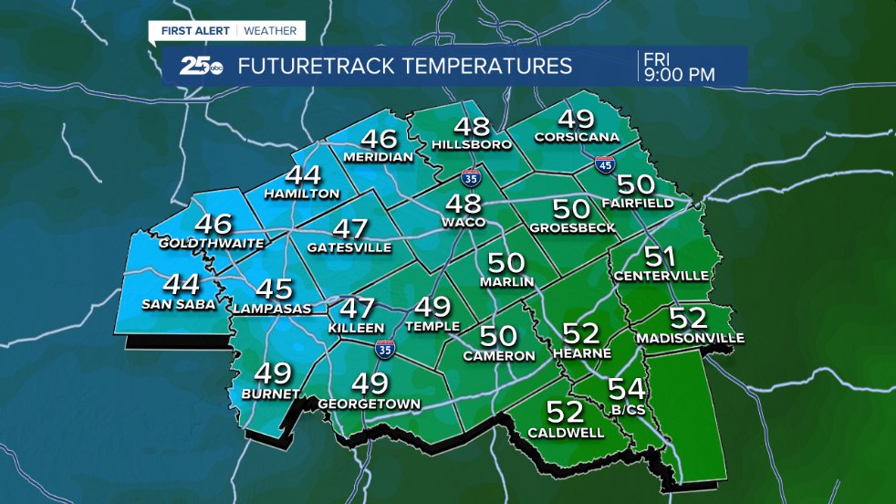 MattHinesTX's tweet photo. A strong cold front will roll into Central Texas Friday.  Temperatures in the 70s ahead of the front will drop into the 40s and 50s behind the front with north winds up to 30mph.  Have the jackets ready! #ctxwx #welcomebackfall https://t.co/uwqFSTmY4y