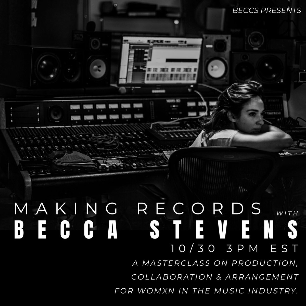 At 3pm EST on October 30th I’ll be teaching a Masterclass on production, collaboration &amp; arrangement with a focus on Womxn in the music industry. Presented by <a href="/beccsmusic/">beccs</a> . Sign up at the link below!
Photo by <a href="/DSSGODDARD/">David Goddard</a> 
Poster by Catey Esler

beccastevens.com/making-records…