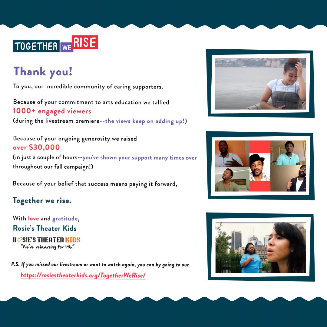 RTKIDS's tweet image. Thank you to everyone in our incredible community who came out and supported us last night for the livestream premiere of "Zoom In: Rise Up." You can catch the performance again on rosiestheaterkids.org/TogetherWeRise