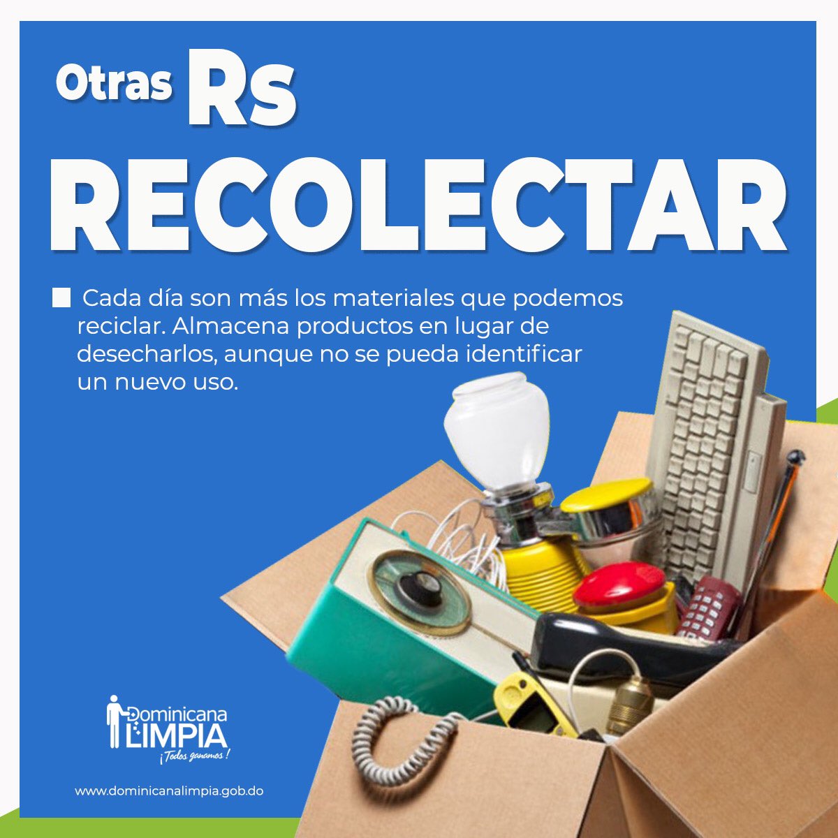 DominiLimpia's tweet photo. Cada día son más los materiales que podemos reciclar. Almacena productos en lugar de desecharlos, aunque no se pueda identificar un nuevo uso.🆘💪🏼♻️. #DominicanaLimpia #Reduce #Reutiliza #Recicla #3Rs #OtrasRs https://t.co/2nSTuDmVYh
