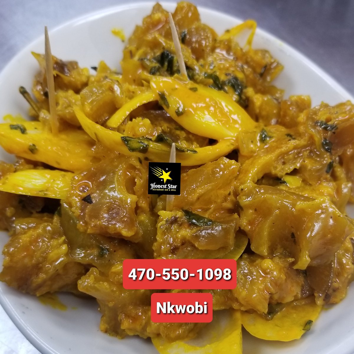 Nkwobi
<a href="/HonestStarRest/">HonestStarRestaurant</a>
Honest Star Restaurant Bar &amp;Grill 
1848 Old Norcross Rd.
Lawrenceville, Ga. 30044
470-550-1098
470-550-1099
honeststarrestaurantbar.com

@honeststarrestaurantbar
#Africanfood, #Ghanaianfood, #Nigerianfood, #finedining, #delicious, #Africansoups, #Atlanta.