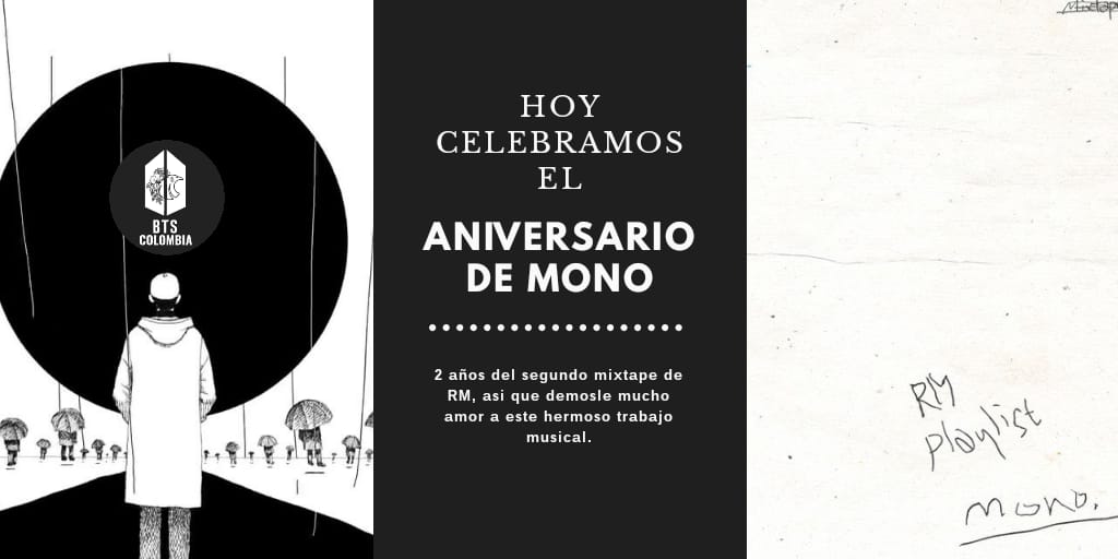 #ARMYColombia iEstamos de aniversario! No hay mejor manera para celebrar que haciendo streaming ¿Están de acuerdo?
Aquí les dejamos una playlist para que disfrutemos el trabajo de nuestro talentoso #RM
#2YearsWithMono #HealingWithMono
#RMonoday
@BTS_twt
https://t.co/e3h7ytCsKd https://t.co/LHJm6bTVRI