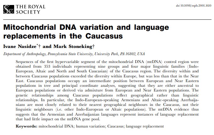 4/13: How does Nasidze's work factor into this? Using complete mitochondrial DNA (mtDNA) of 353 individuals representing all major linguistic families in the Caucasus, Nasidze & Stoneking (2001) test the correlation between genetic and linguistic differentiation