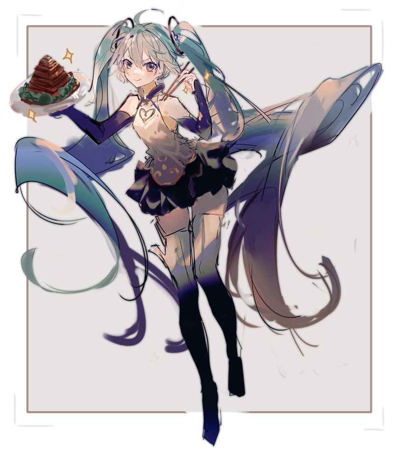 hatsune miku 1girl solo long hair food twintails skirt very long hair  illustration images